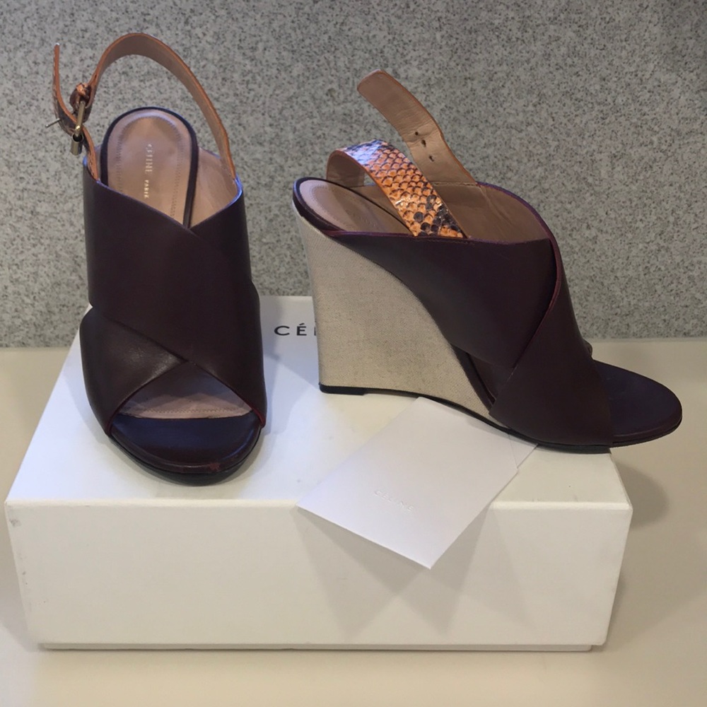 Celine leather & linen wedge shoe 37 1/2